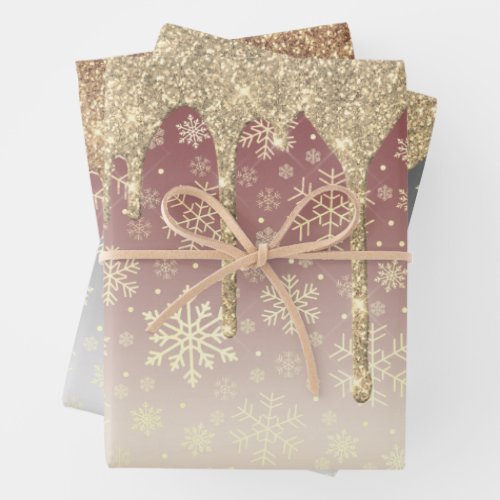 Elegant Gold Christmas Snowflake Pattern Dripping Wrapping Paper Sheets