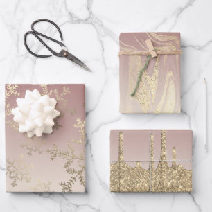 Elegant Gold Christmas Snowflake Pattern Dripping Wrapping Paper Sheets