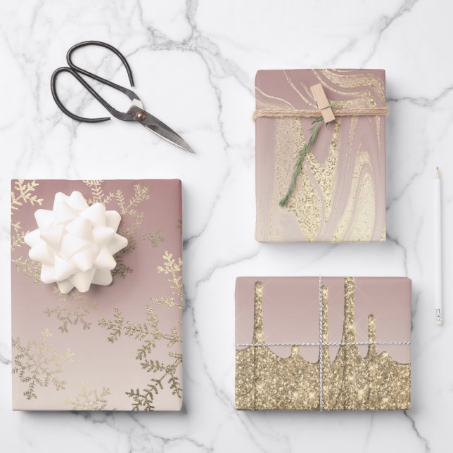 Elegant Gold Christmas Snowflake Pattern Dripping  Wrapping Paper Sheets (Front)