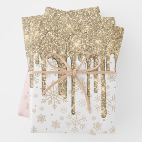 Elegant Gold Christmas Snowflake Pattern Dripping Wrapping Paper Sheets