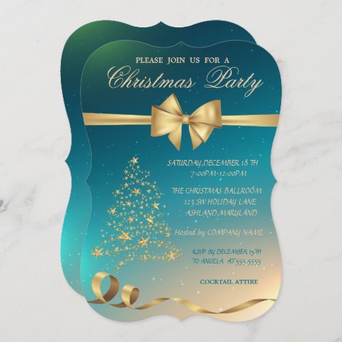 Elegant Gold Christmas Tree Bow Christmas Party Invitation