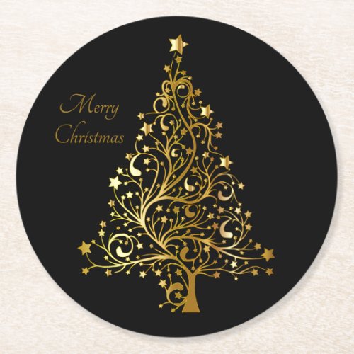 Elegant Gold Christmas Tree Festive Modern Art Fun Round Paper Coaster