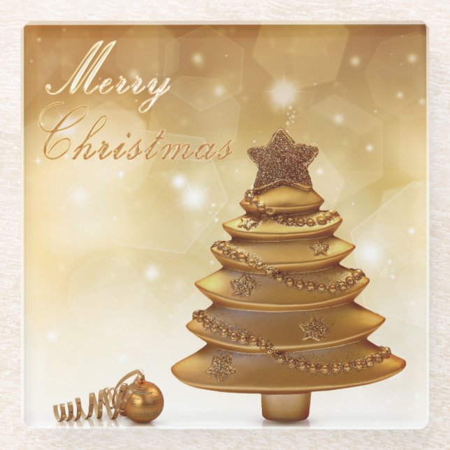 Elegant Gold Christmas Tree Glass Coaster (Front)