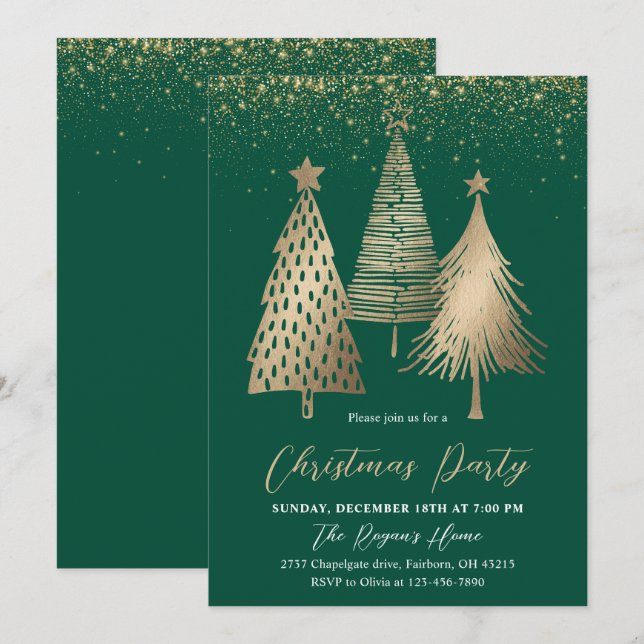 Elegant Gold Christmas Tree Glitter Snow  Invitation (Front/Back)