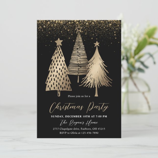 Elegant Gold Christmas Tree Glitter Snow  Invitation (Standing Front)
