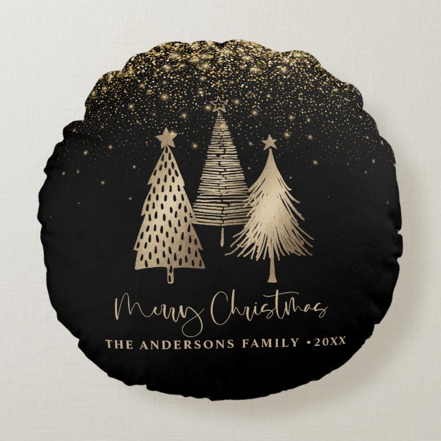 Elegant Gold Christmas Tree Glitter Snow Round Pillow (Front)