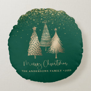 Elegant Gold Christmas Tree Glitter Snow Round Pillow