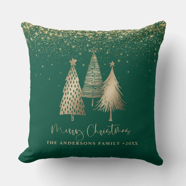 Elegant Gold Christmas Tree Glitter Snow Throw Pillow (Front)