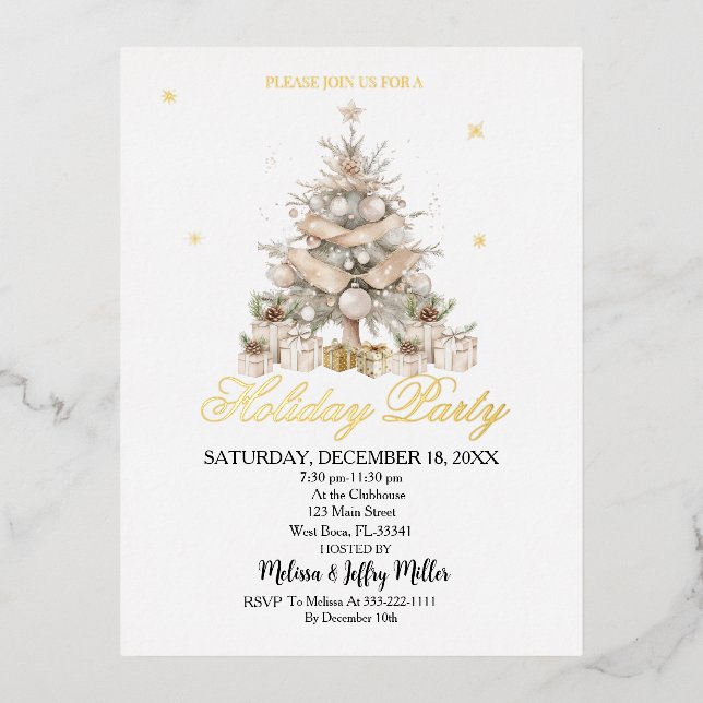Elegant Gold Christmas Tree Holiday Party  Foil Invitation Postcard (Front)