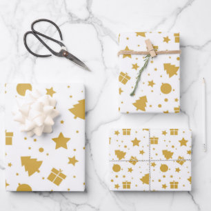 Elegant Gold Christmas Tree Holiday Stars Pattern Wrapping Paper Sheets