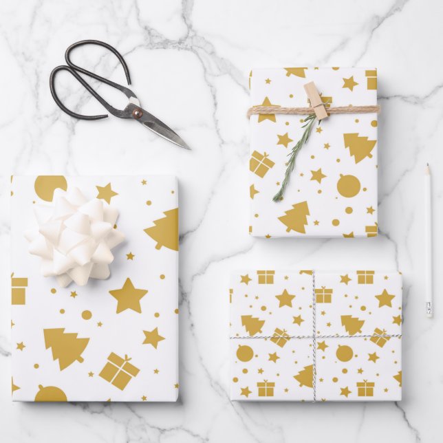 Elegant Gold Christmas Tree Holiday Stars Pattern Wrapping Paper Sheets (Front)