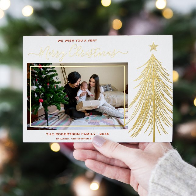 Elegant Gold Christmas Tree Modern Photo Foil Holiday Card (Creator Uploaded)