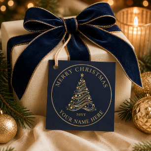 Elegant Gold Christmas Tree Navy Blue Holiday Gift Favor Tags