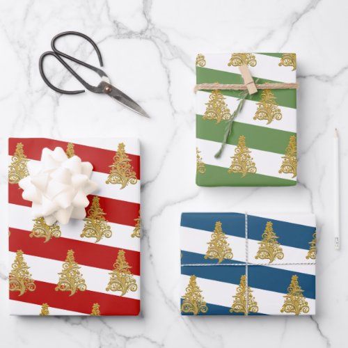 Elegant gold Christmas tree pattern striped Wrapping Paper Sheets