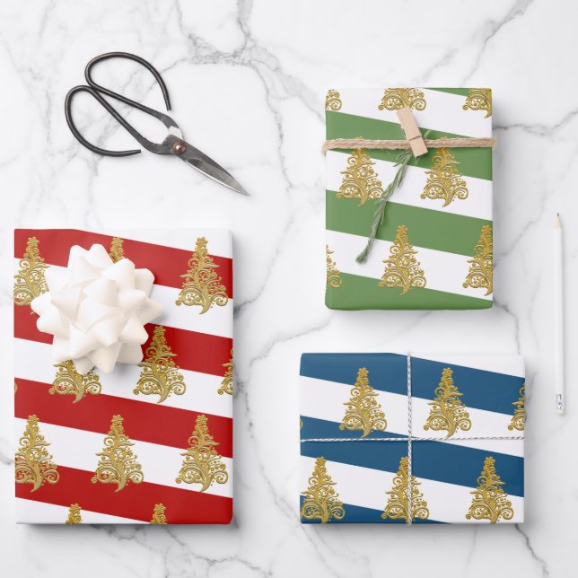 Elegant gold Christmas tree pattern striped Wrapping Paper Sheets (Front)