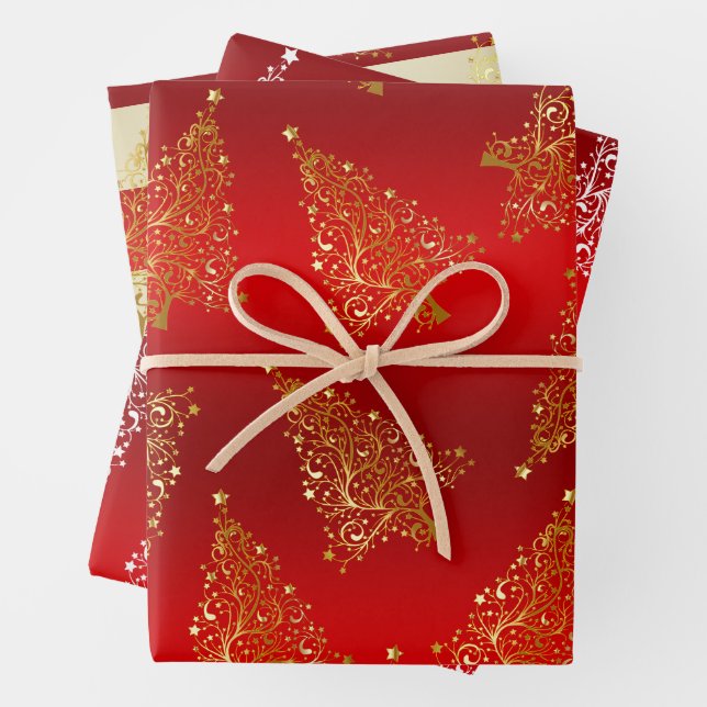 Elegant Gold Christmas Tree Pattern Wrapping Paper Sheets (In situ)