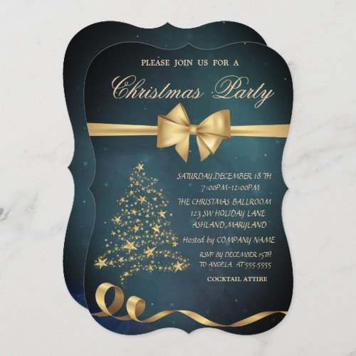 Elegant Gold Christmas Tree Stars Bow Christmas  Invitation