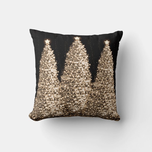 Elegant Gold Christmas Trees Black Throw Pillow (Front)
