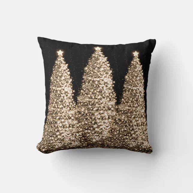 Elegant Gold Christmas Trees Black Throw Pillow | Zazzle