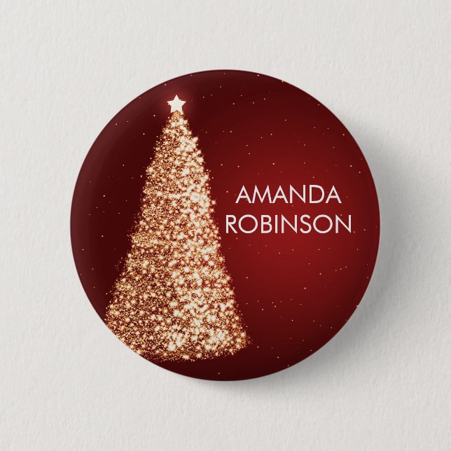 Elegant Gold Christmas Trees Red Button (Front)