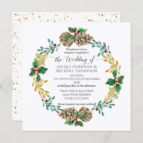 Elegant Gold Christmas Watercolor Pine Cone Wreath Invitation