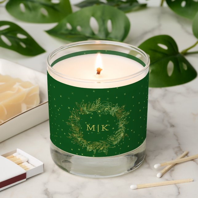 Elegant Gold Christmas Wreath on Green Monogram Scented Candle (Lit)