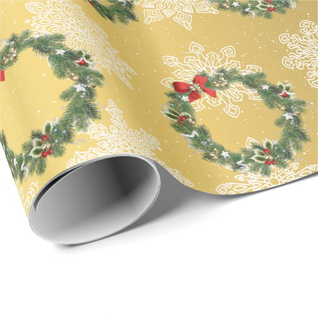 Elegant Gold Christmas Wreath & Snowflake Pattern Wrapping Paper (Roll Corner)