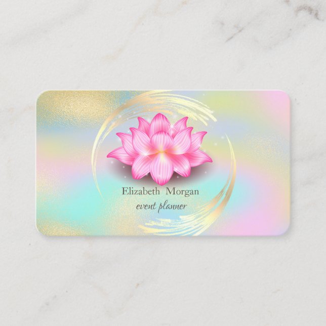 Elegant Gold Circle Colorful Holographic Lotus Business Card (Front)
