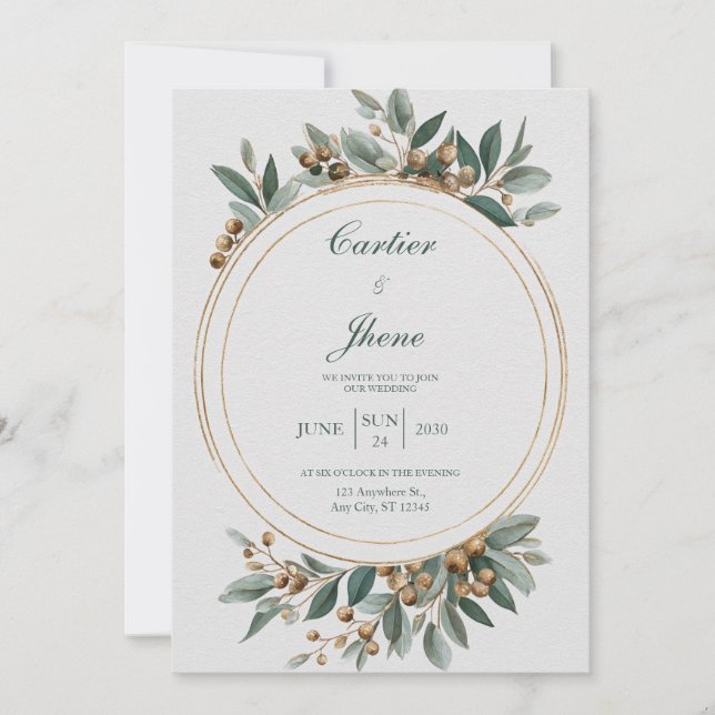 Elegant Gold Circle Frame Eucalyptus Berry Wedding Invitation (Front)