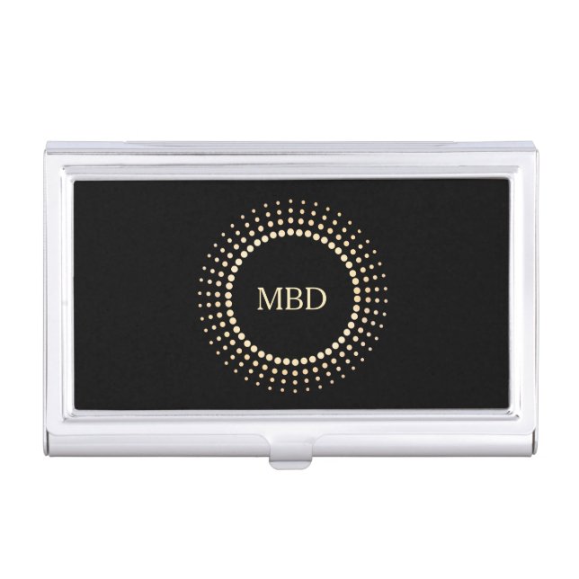 Elegant Gold Circle Logo Black Monogram Business Card Case (Front)