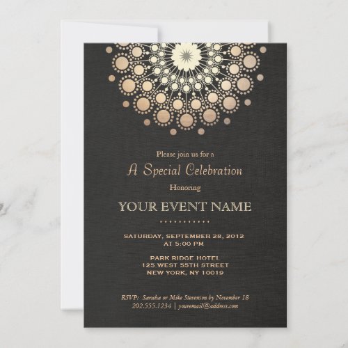 Elegant Gold Circle Motif Black Linen Look Formal Announcements
