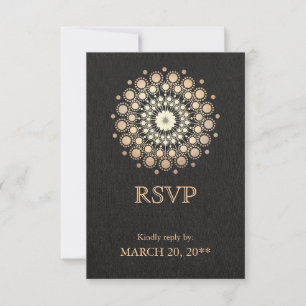 Elegant Gold Circle Motif Black Linen Look RSVP Card