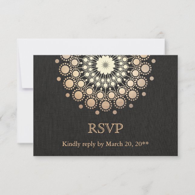 Elegant Gold Circle Motif Black Linen Look RSVP Card (Front)