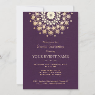 Elegant Gold Circle Motif Purple Linen Look Formal Invitation