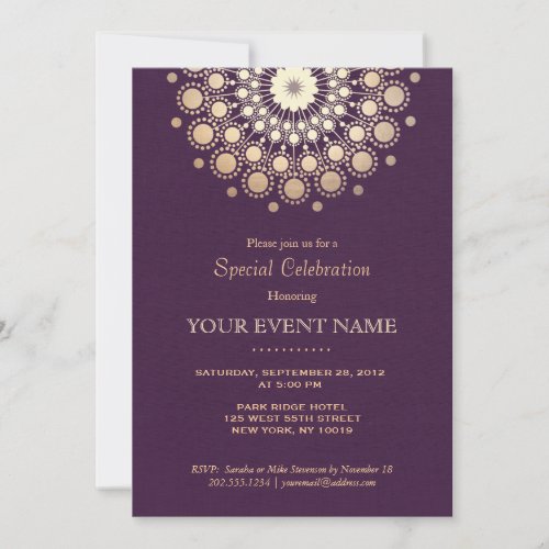 Elegant Gold Circle Motif Purple Linen Look Formal 5x7 Paper Invitation Card