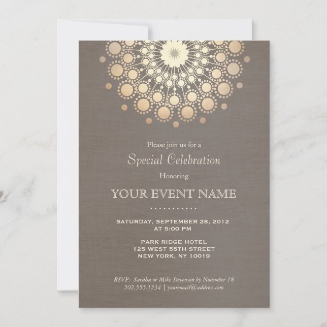 Elegant Gold Circle Motif Taupe Linen Look Formal Invitation (Front)