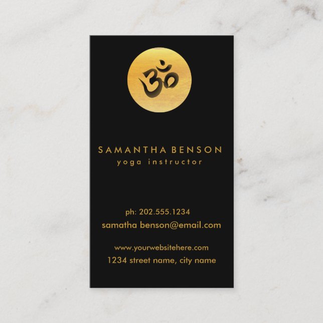 Elegant Gold Circle OM Logo Black Yoga Business Card (Front)