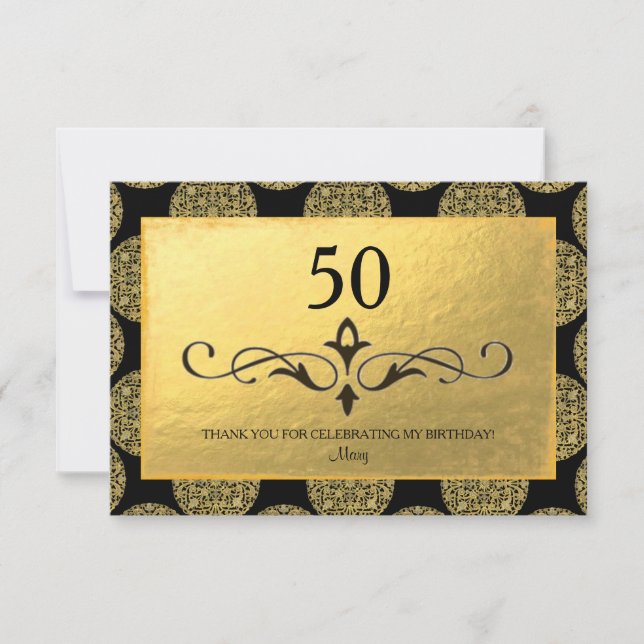 ELEGANT GOLD CIRCLE PATTERN & BLACK "Thank You" Thank You Card (Front)