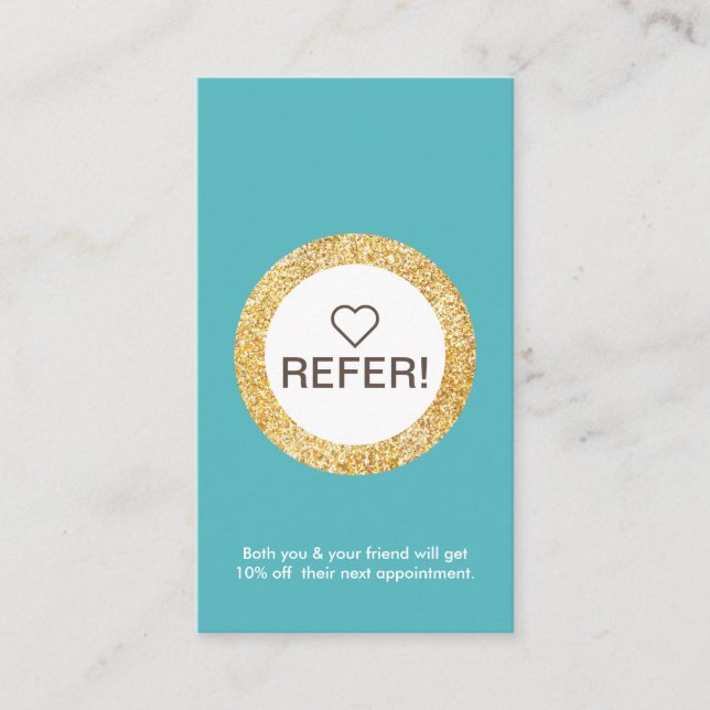 Elegant Gold Circle Turquoise Referral Vertical Business Card (Front)
