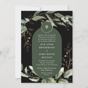 Elegant Gold Circles Eucalyptus Boho Moss Green Invitation