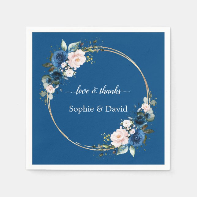 Elegant Gold Class Blue Pink Flowers Bloom Wedding Napkins (Front)
