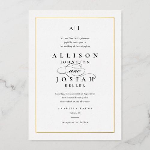 Elegant Gold Classic Black and White Wedding Foil Invitation