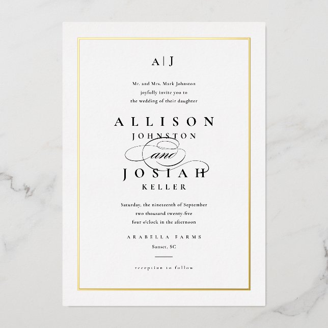 Elegant Gold Classic Black and White Wedding Foil Invitation (Front)