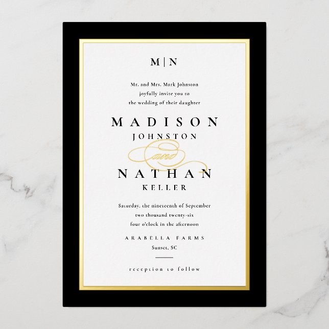 Elegant Gold Classic Black and White Wedding Foil Invitation (Front)
