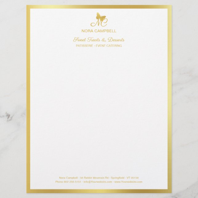 Elegant Gold Classic Butterfly Monogram Frame Letterhead (Front)