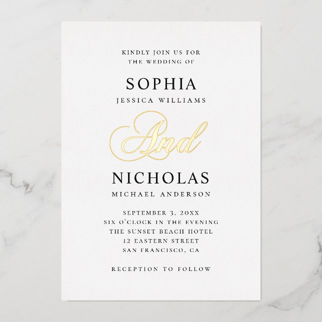 Elegant gold classic calligraphy script wedding foil invitation (Front)