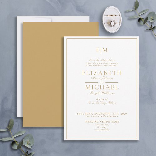 Elegant Gold Classic Script Monogram Wedding Invitation