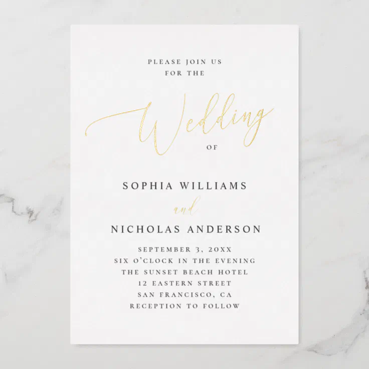Elegant gold classic wedding. Formal simple script Foil Invitation | Zazzle