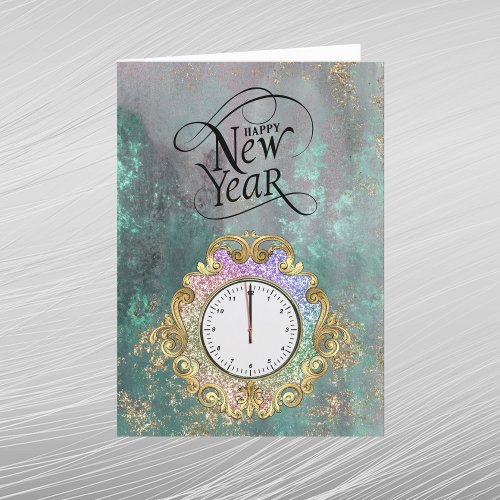 Elegant Gold Clock New Year Holiday Card