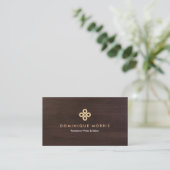 ELEGANT GOLD CLOVER LOGO on DARK BROWN WOODGRAIN Business Card (Standing Front)